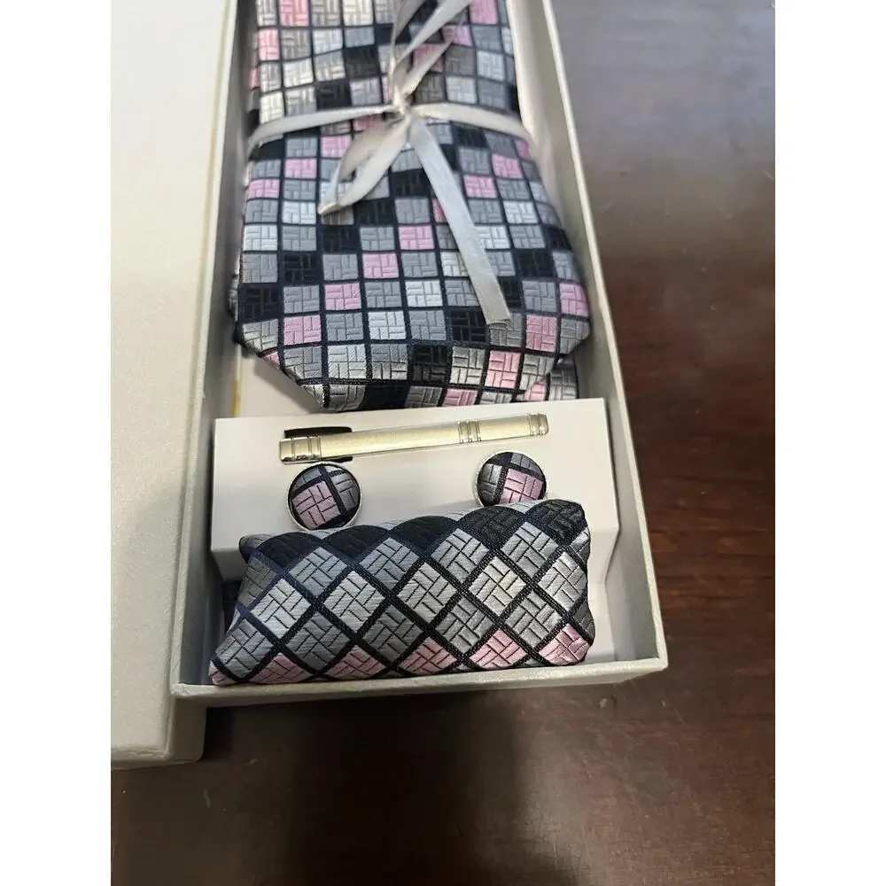 Men’s DiBanGu 4 Pc Silk Necktie Set With Pocket Square Tie Clip Cufflinks